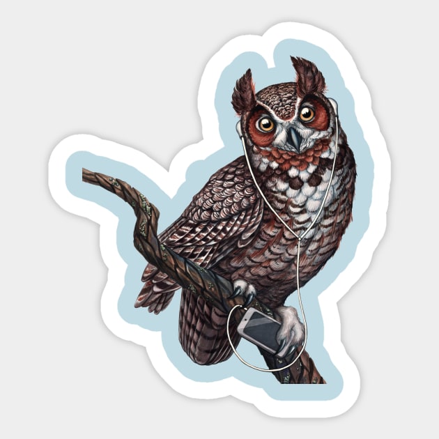 Great Horned Owl with Headphones Sticker by JadaFitch